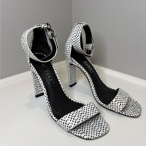 Sol Sana Susie Skinny Heel Sandals Open Toe Ankle Strap White and Black